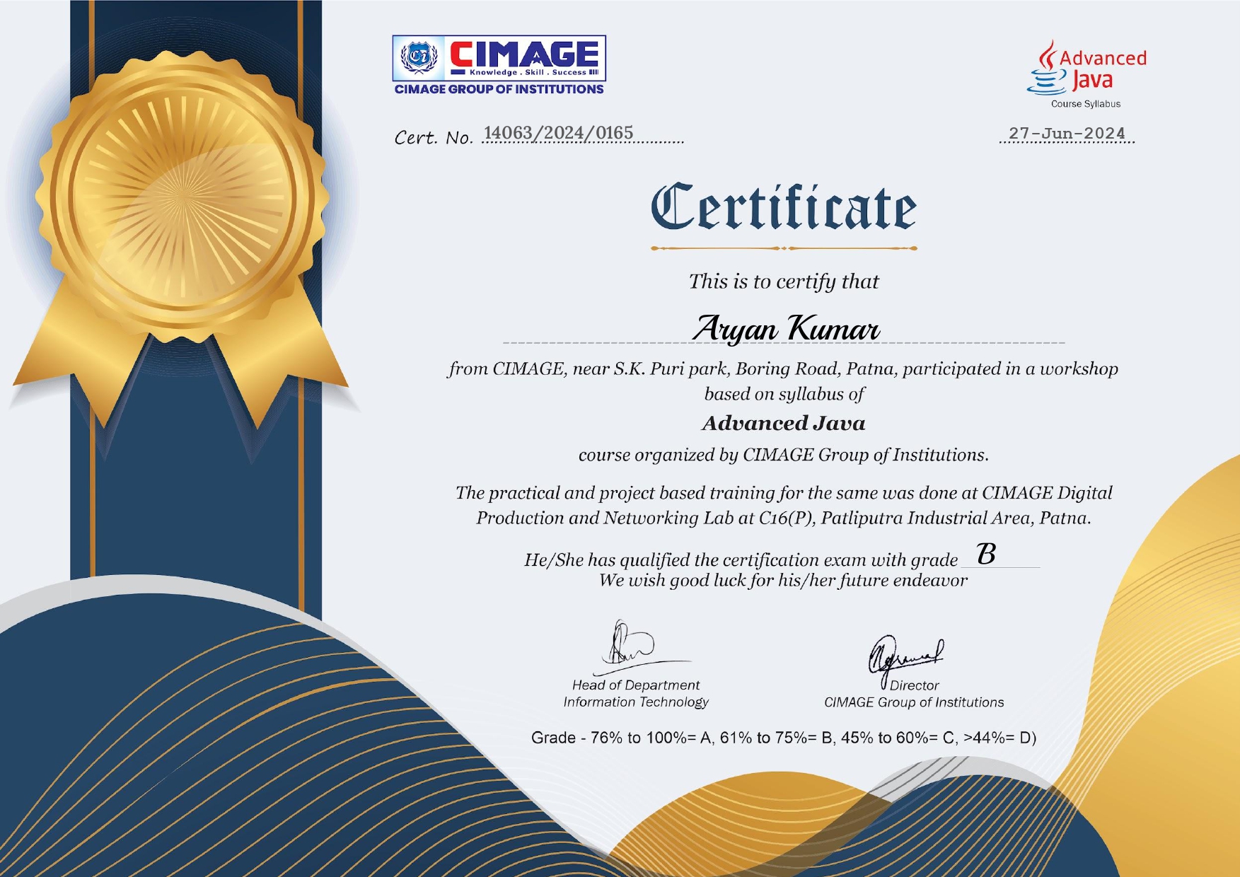 Certificate in Advanced Java